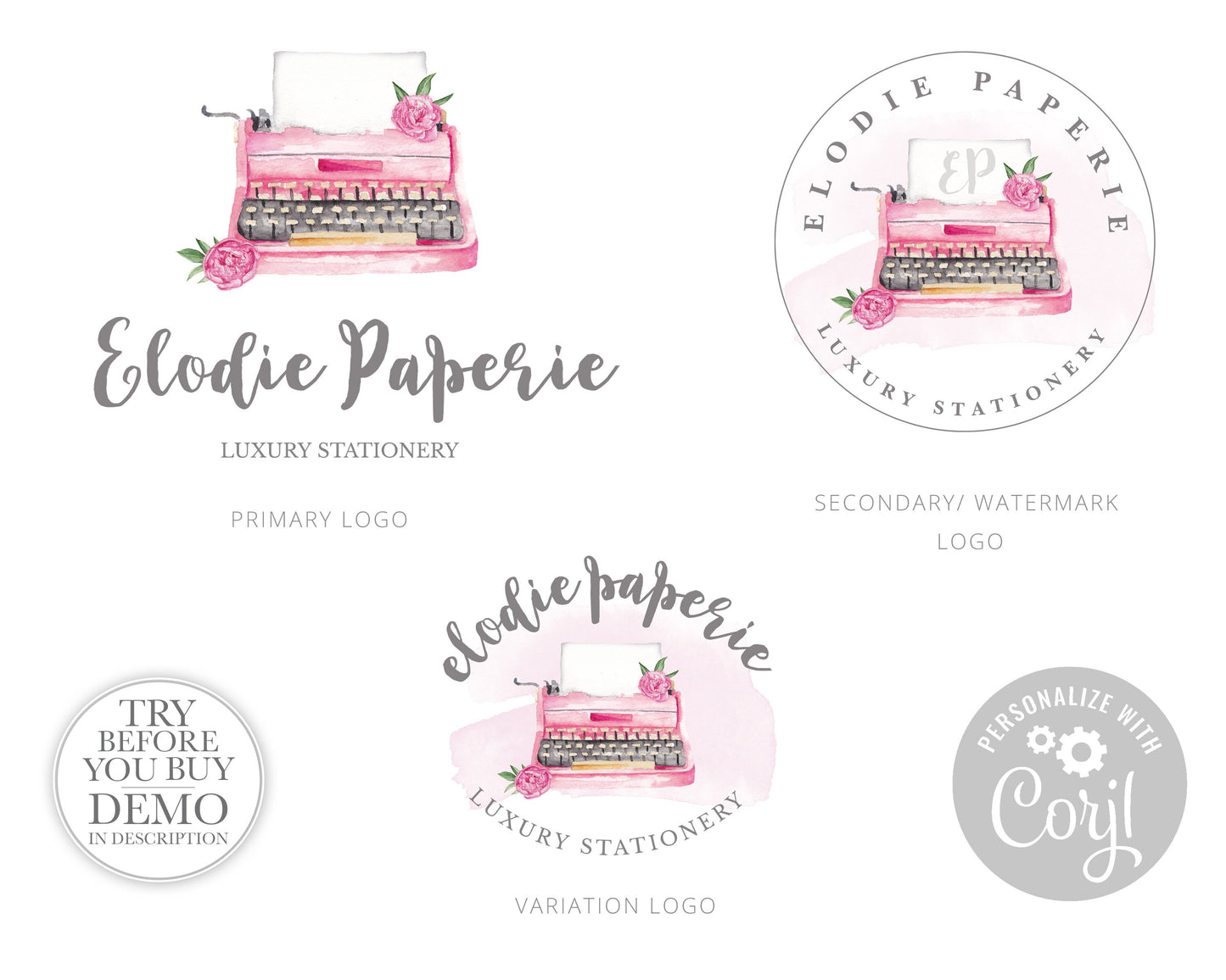 DIY 3 x Logo Suite Instant Edit & Download Cute Watercolor Typewriter Paperie Premade Logo  |  Edit Yourself Online  |  Business logo EP-001