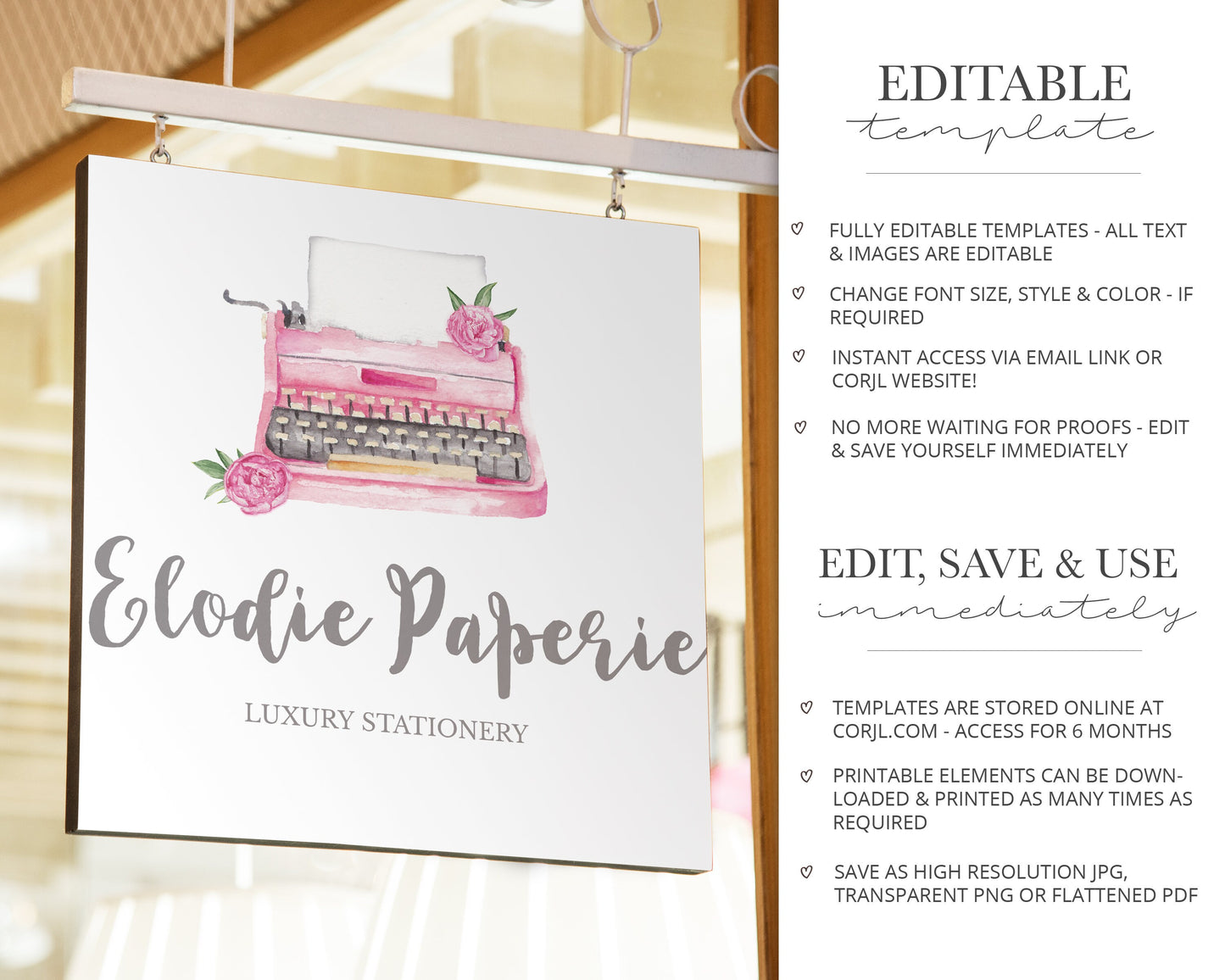 DIY 3 x Logo Suite Instant Edit & Download Cute Watercolor Typewriter Paperie Premade Logo  |  Edit Yourself Online  |  Business logo EP-001