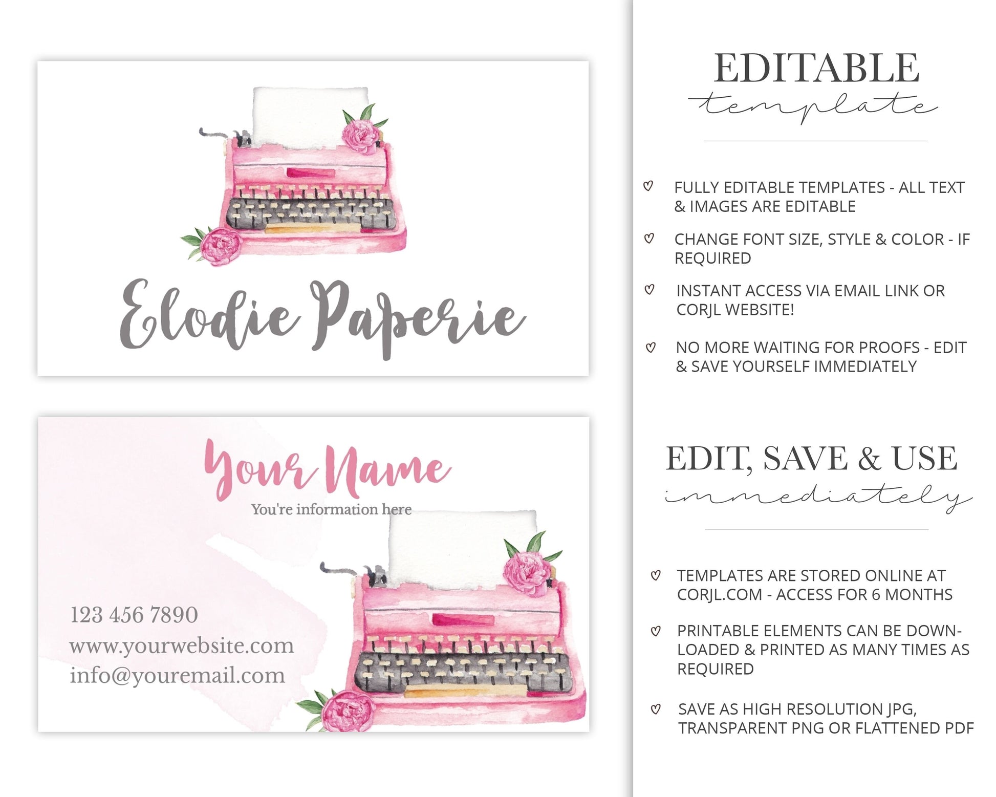 DIY 4pc Logos & Business Card Instant Download Watercolor Typewriter Paperie Branding Kit  |  Premade Logo | DIY Editable Template EP-001