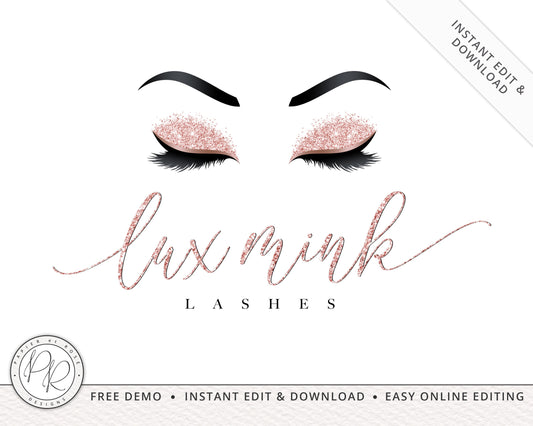 DIY Rose Gold Glitter Lash Logo Design | Instant Edit Yourself Online  |  Premade Logo | Lash Technician Logo | Editable Template LM-001