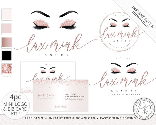 4pc Rose Gold Glitter Lash GlitterLogo Suite & Business Card Branding Kit  | Beauty Logo | Instant Edit yourself Online | Editable LM-001