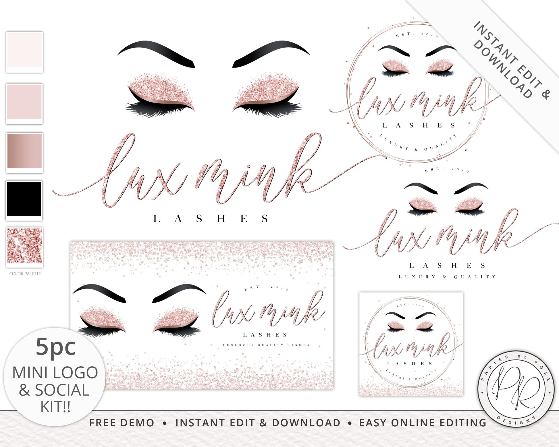 5pc Mini Kit Logos Suite & Social Package Glitter Lashes / Lash Technician Branding  |  Premade Logo | Instant Edit Yourself | Custom LM-001