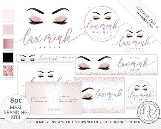 8pc Maxi Branding Kit Glitter Rose Gold Lashes Beauty Instant Download Logo Design  | DIY Editable Template | Custom logo LM-001