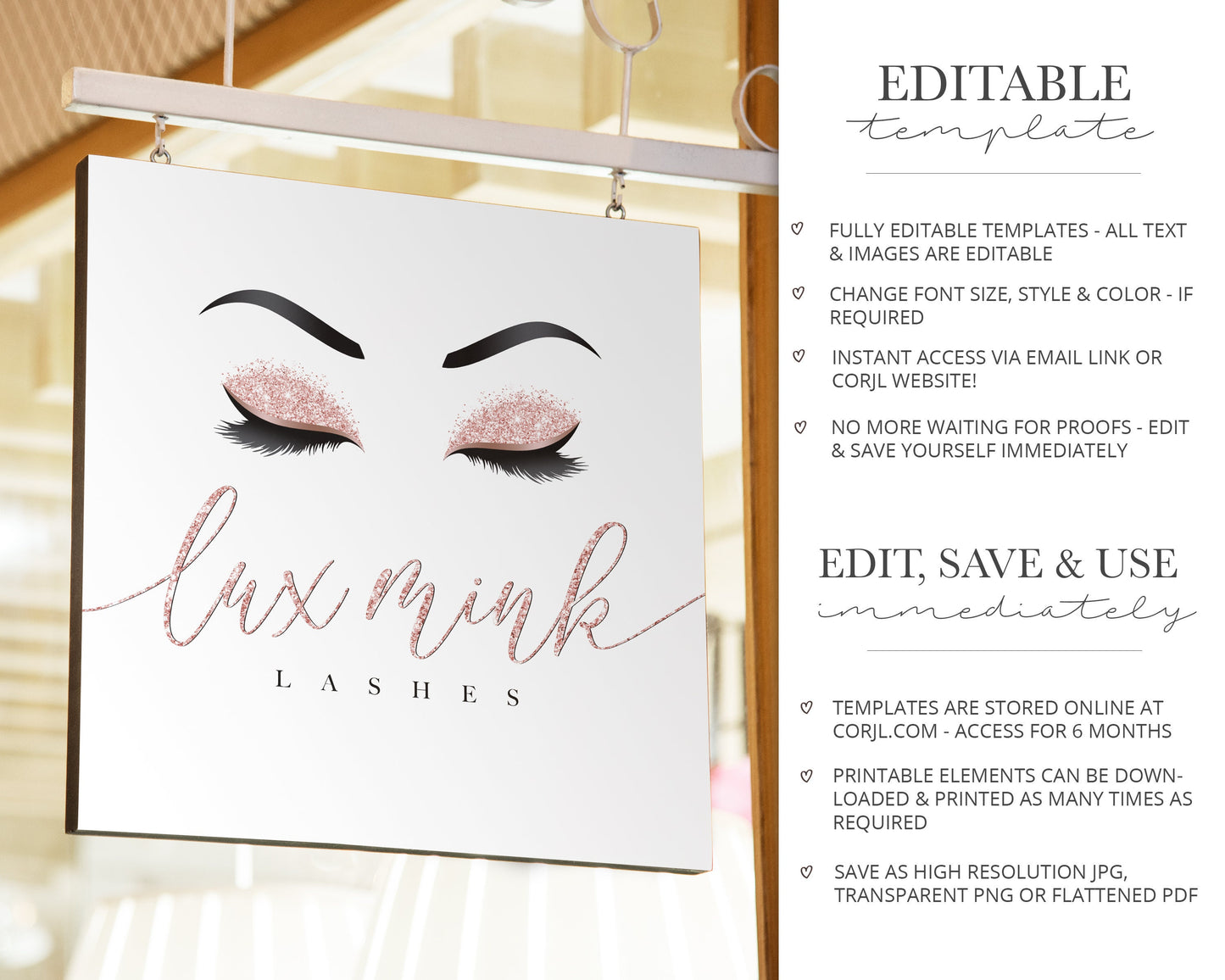 8pc Maxi Branding Kit Glitter Rose Gold Lashes Beauty Instant Download Logo Design  | DIY Editable Template | Custom logo LM-001