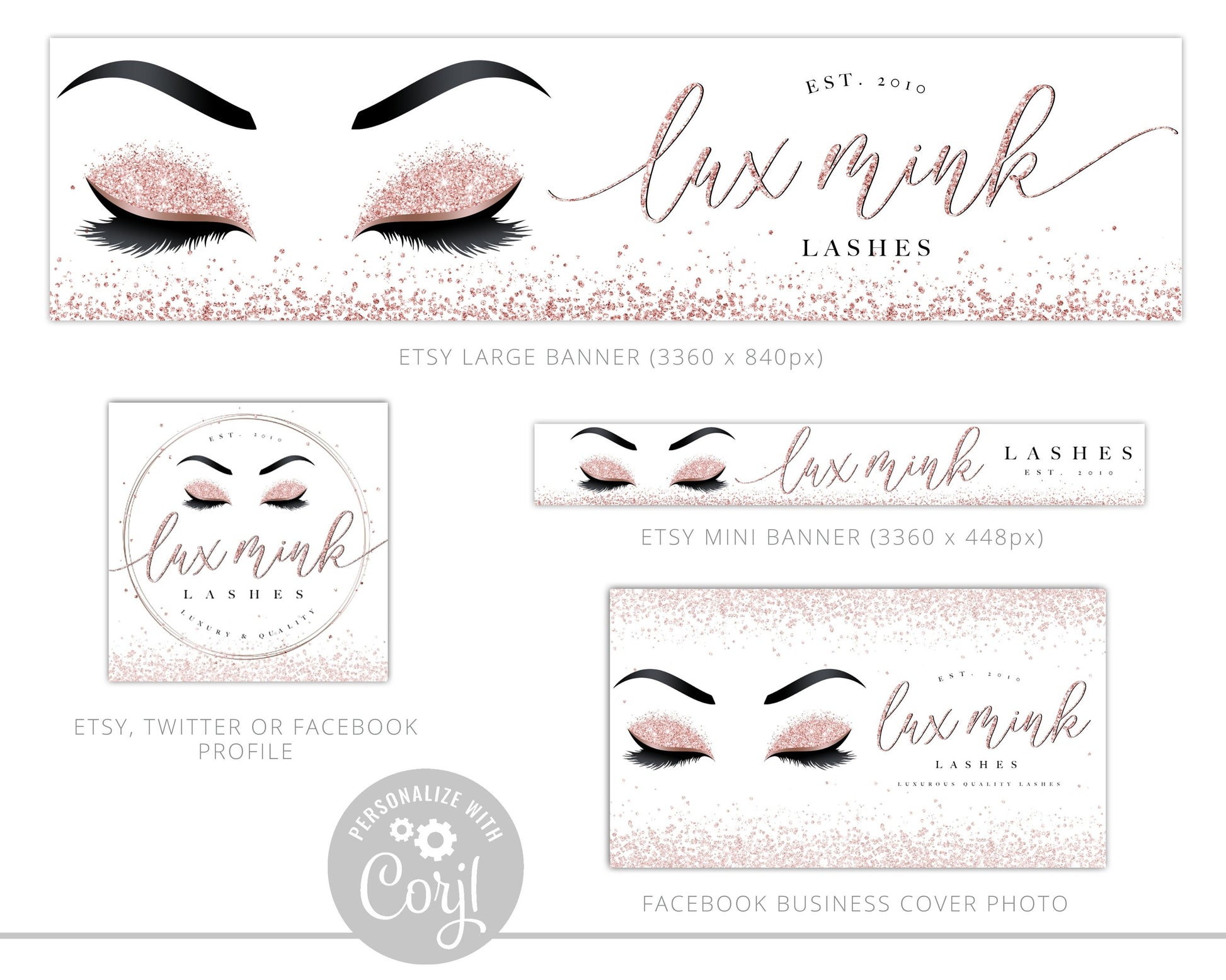 8pc Maxi Branding Kit Glitter Rose Gold Lashes Beauty Instant Download Logo Design  | DIY Editable Template | Custom logo LM-001