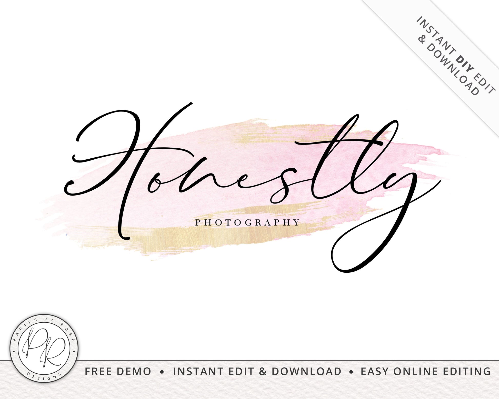 Editable Watercolor Pink & Gold Brushstroke Feminine Typography Logo Design Instant Download | Editable DIY Logo  |  Premade Logo - PR0335