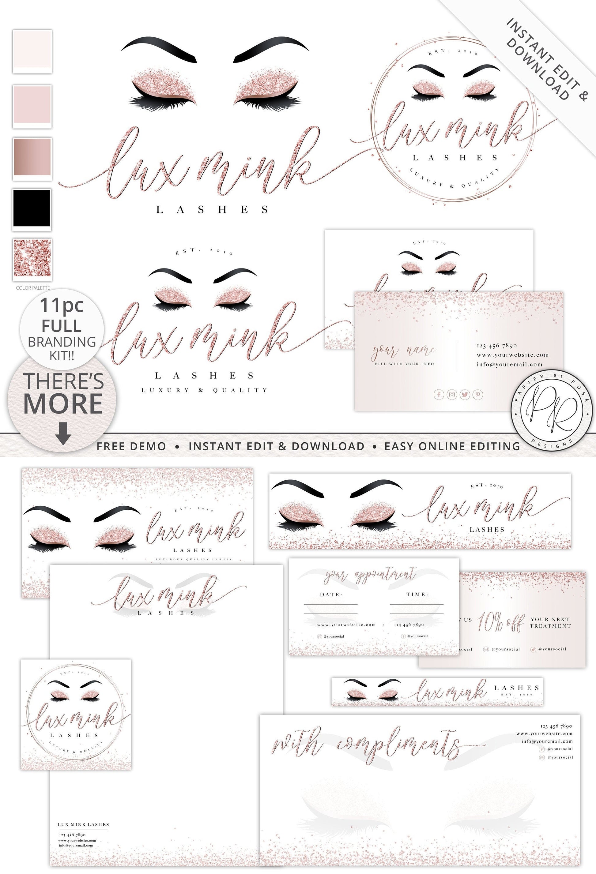 11pc Full Branding Set Instant Download Rose Gold Glitter Beauty / Lash Logo Kit  |  DIY Editable Template  | Premade Business logo LM-001