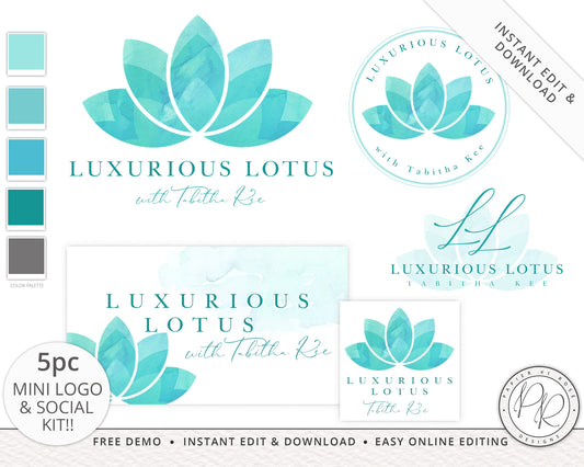 Editable 5pc Premade Mini Kit Logo Suite & Social Package Watercolor Lotus Spa Business Branding | Instant Edit Yourself Online - LL-002