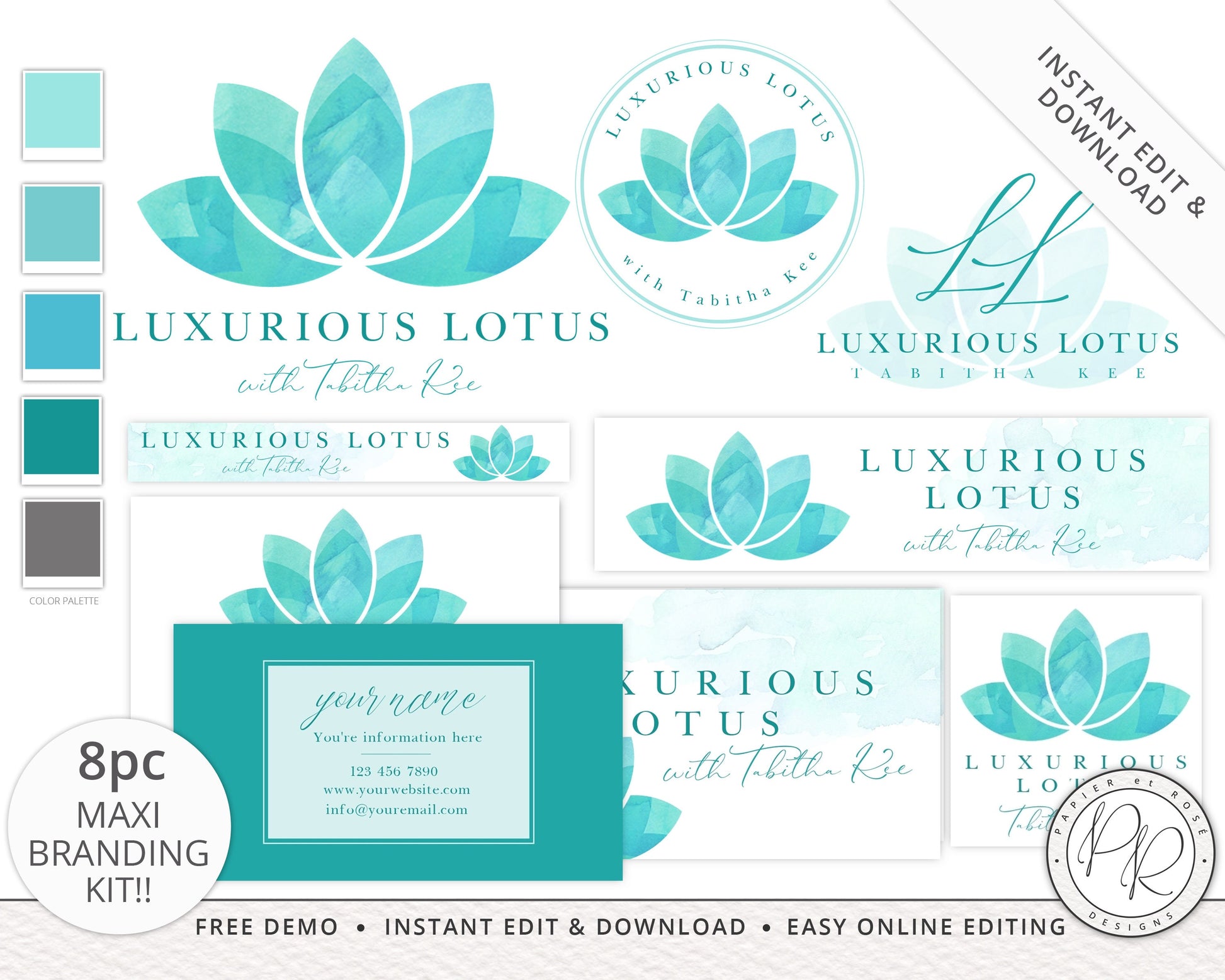 DIY 8pc Maxi Branding Kit Watercolor Lotus Spa Instant Download Logo Design  | DIY Editable Template | Premade logo | Startup Kit LL-002