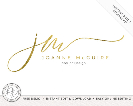 Editable Gold Foil Minimal Initials Signature Logo  |  Instant Edit Online!  |  Premade Logo  | Business Logo |  Editable Template JM-001