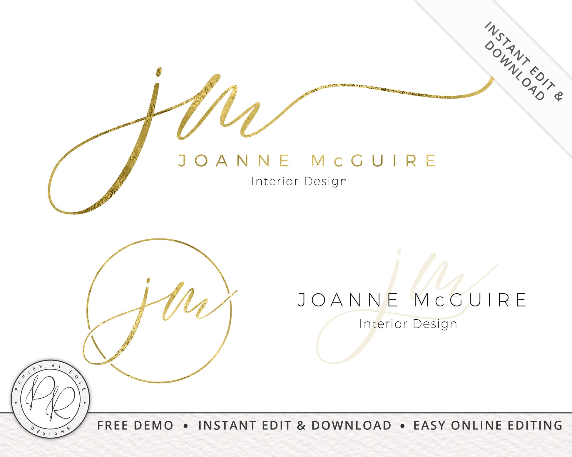 Editable Logo Suite 3 x Simple Gold Foil Signature Premade Logos Watermark  |  Instant Edit  |  Business Logo | Editable Template JM-001