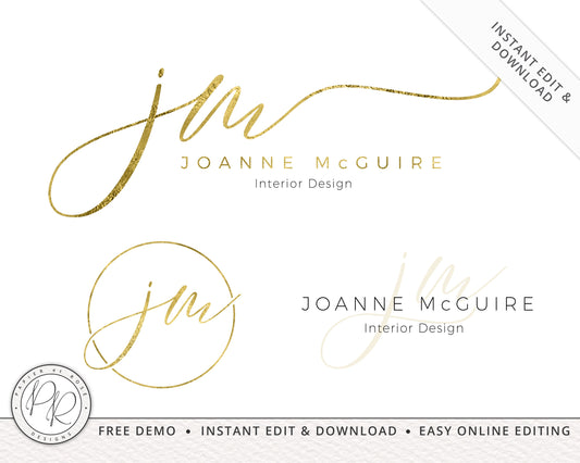 Editable Logo Suite 3 x Simple Gold Foil Signature Premade Logos Watermark  |  Instant Edit  |  Business Logo | Editable Template JM-001