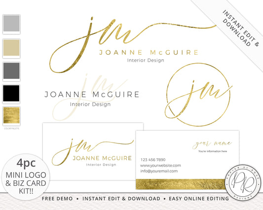 4pc Gold Foil Typography Initials Logo Suite & Business Card Mini Branding Kit  |  Premade Logo | Instant Edit yourself Online JM-001