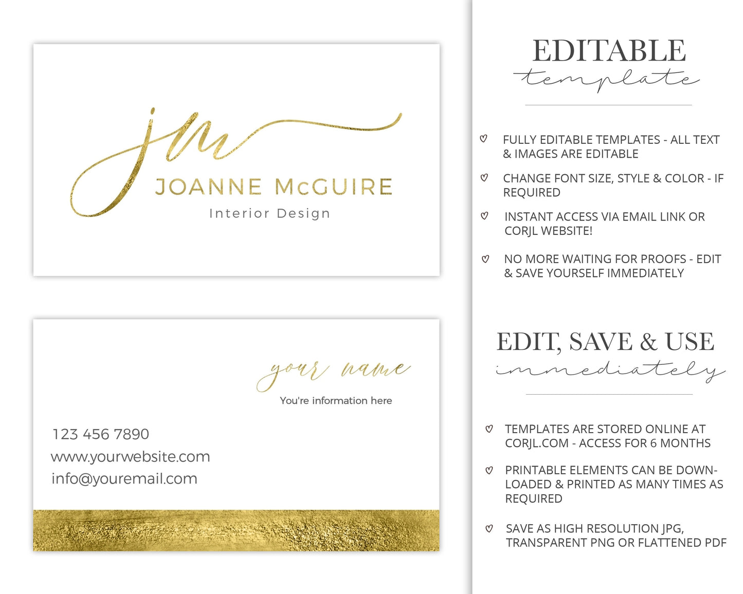 4pc Gold Foil Typography Initials Logo Suite & Business Card Mini Branding Kit  |  Premade Logo | Instant Edit yourself Online JM-001