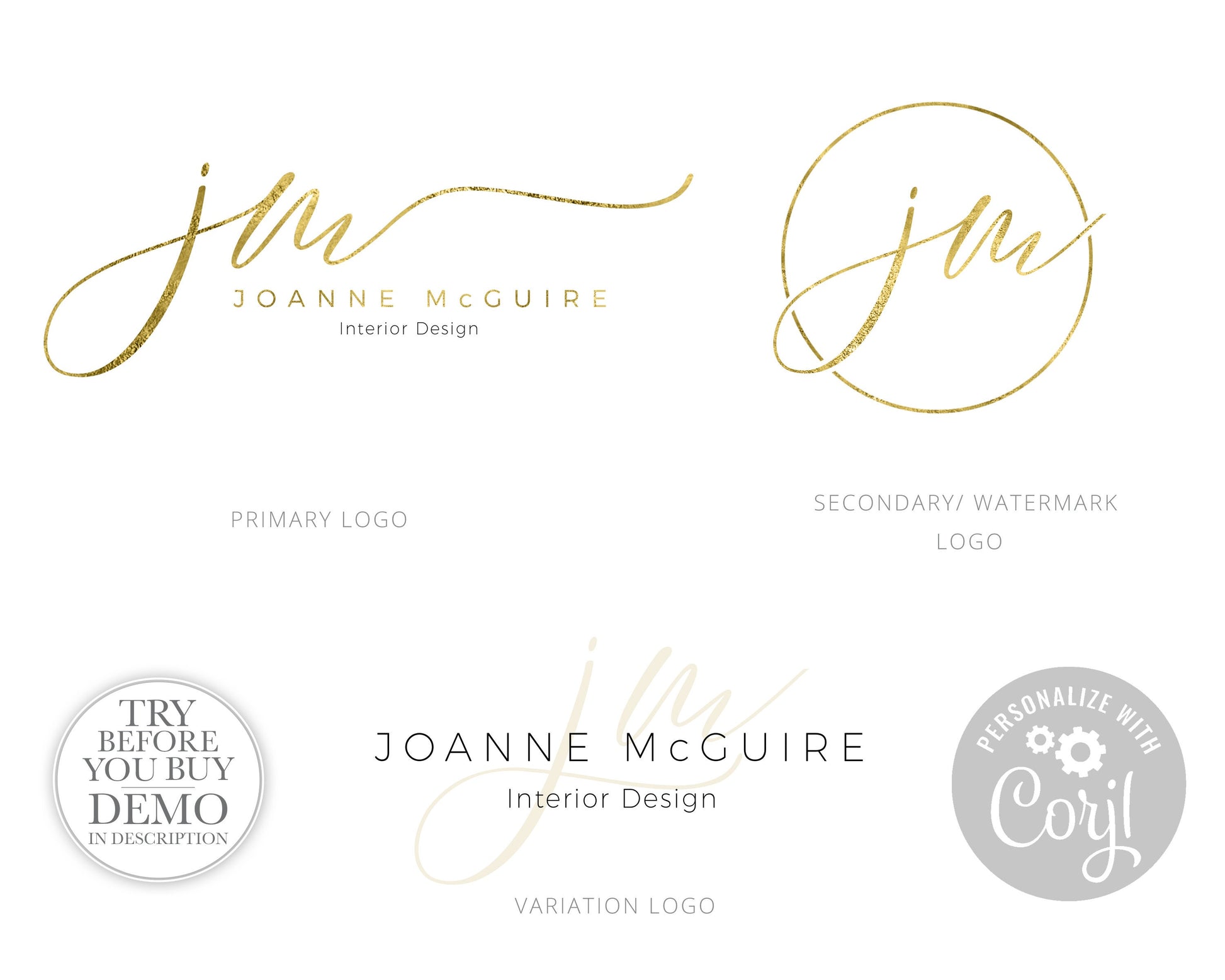 5pc Instant DIY Logo Suite and Social Branding Mini Kit Gold Foil Typography Initials  | Premade Custom Logo | Instant Edit Online! JM-001