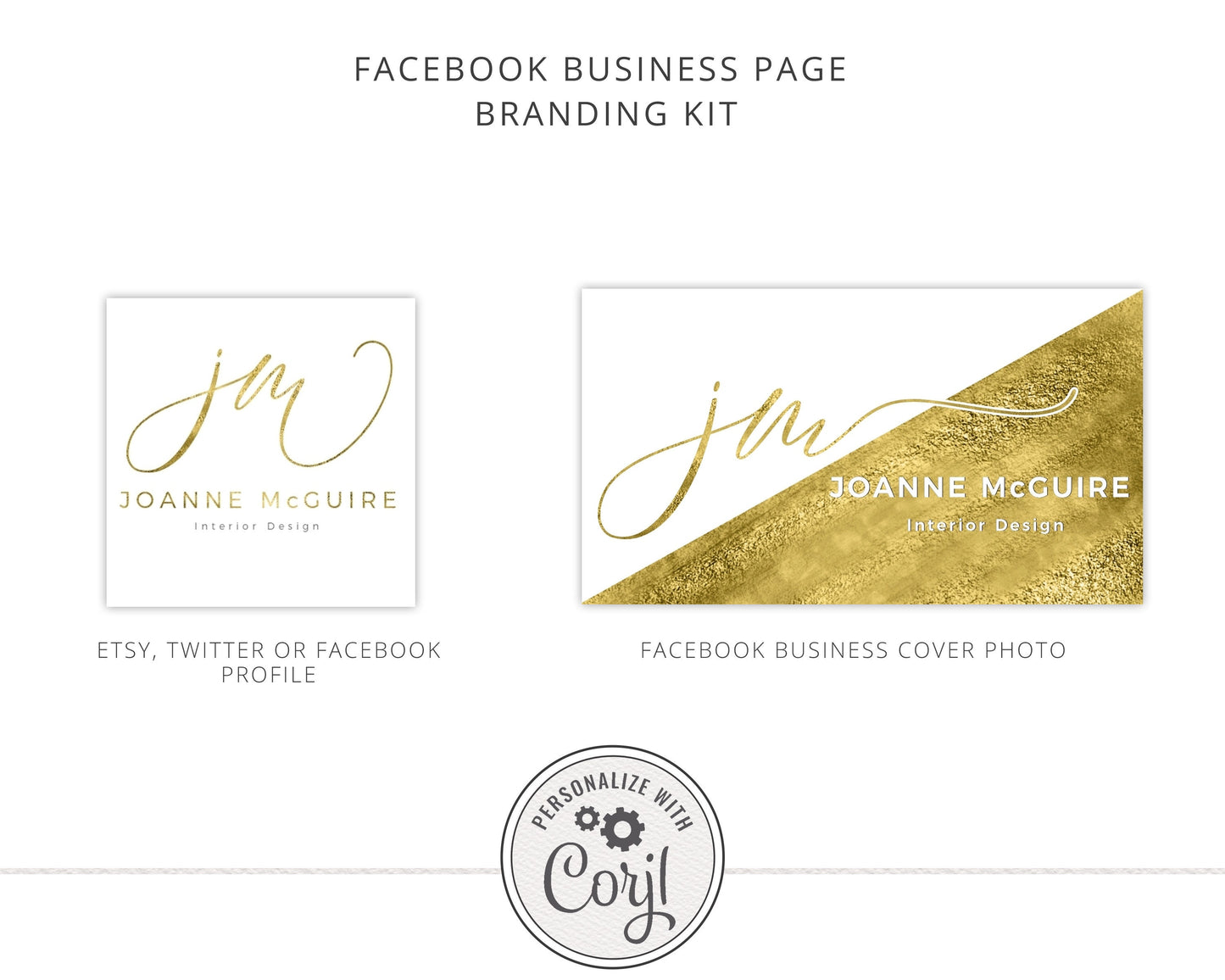 5pc Instant DIY Logo Suite and Social Branding Mini Kit Gold Foil Typography Initials  | Premade Custom Logo | Instant Edit Online! JM-001