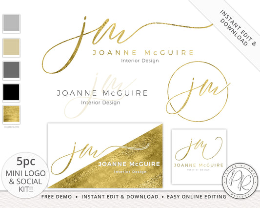 5pc Instant DIY Logo Suite and Social Branding Mini Kit Gold Foil Typography Initials  | Premade Custom Logo | Instant Edit Online! JM-001