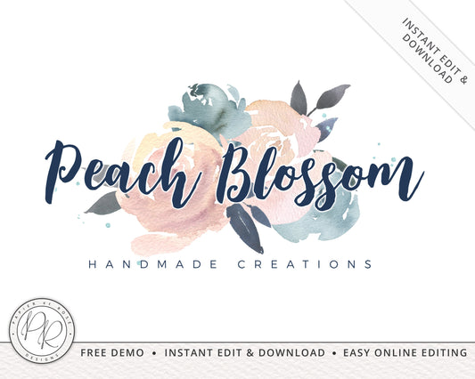 Editable Watercolor Floral Logo Design Instant Download  | DIY Editable Template |  Premade Logo | Blue & Blush Logo - PR0146