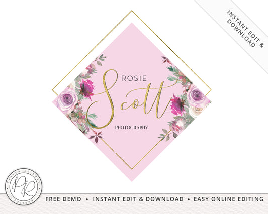 DIY Edit Watercolor Floral Geometric Logo  |  Instant Edit Yourself Online!  | Custom Logo Template | Boutique logo | Editable Logo RS-001