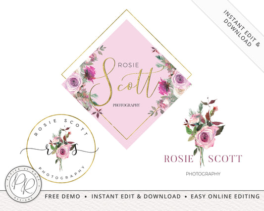 Editable Logo Suite Instant Edit & Download 3x Watercolor Logo Floral Geometric Branding Kit  |  Edit Online  | Premade Business logo RS-001