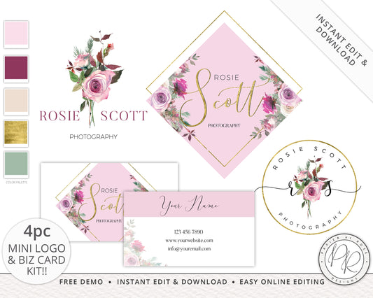 4pc Geometric Watercolor Floral Logo Suite & Business Card Branding Kit  |  Premade Logo | Instant Edit yourself Online | Editable RS-001