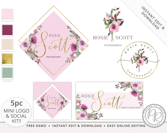 Editable 5pc Mini Kit Logos Suite & Social Package Geometric Floral Watercolor Branding  |  Premade Logo | Instant Edit Online  |  RS-001