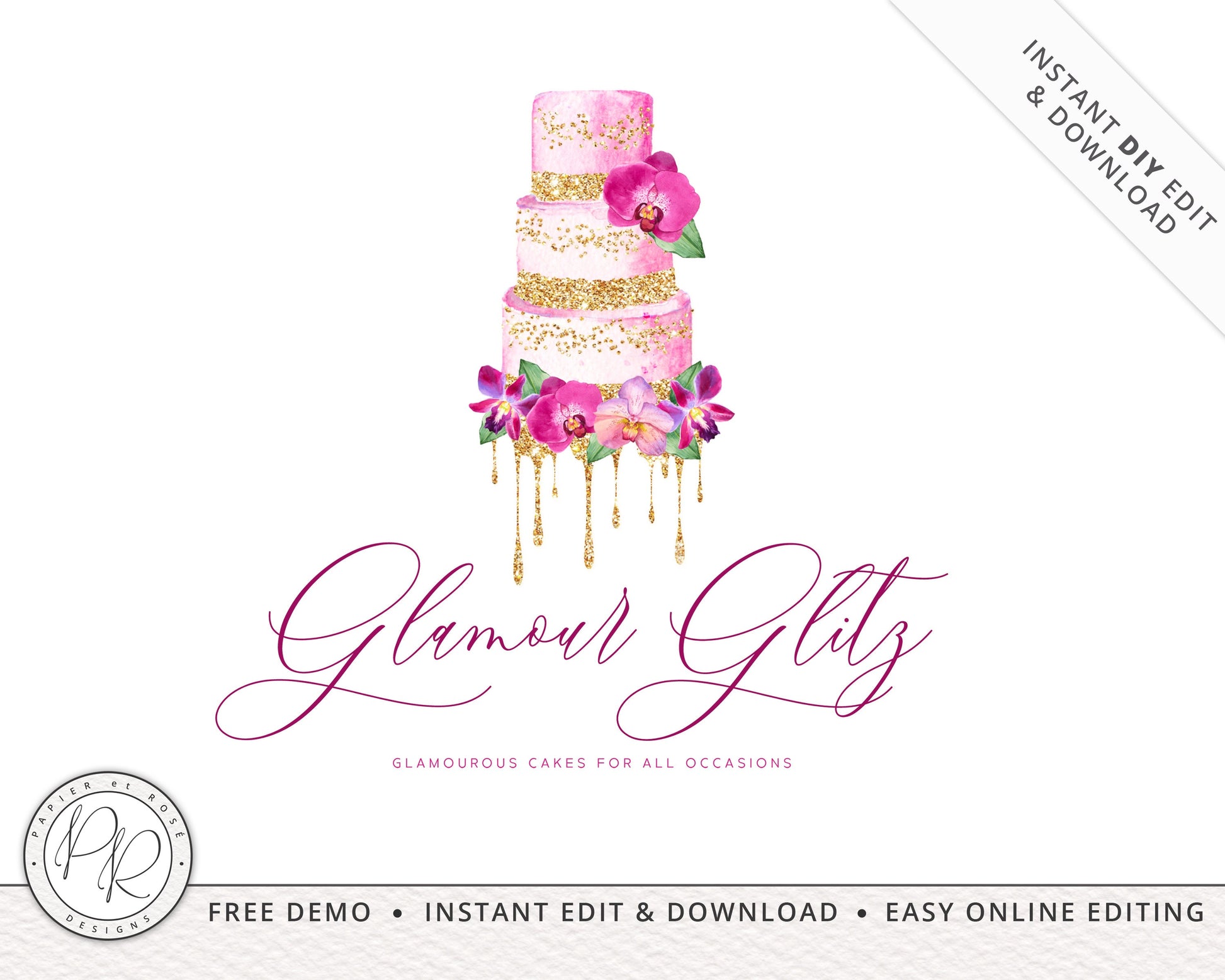 Editable Premade Watercolor Sparkle Cake Decorator / Bakery Logo Design Instant Download | Editable Logo Template |  Premade Logo GG-002