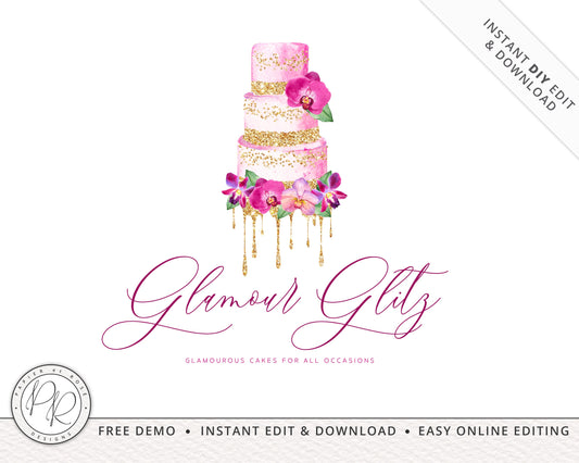 Editable Premade Watercolor Sparkle Cake Decorator / Bakery Logo Design Instant Download | Editable Logo Template |  Premade Logo GG-002