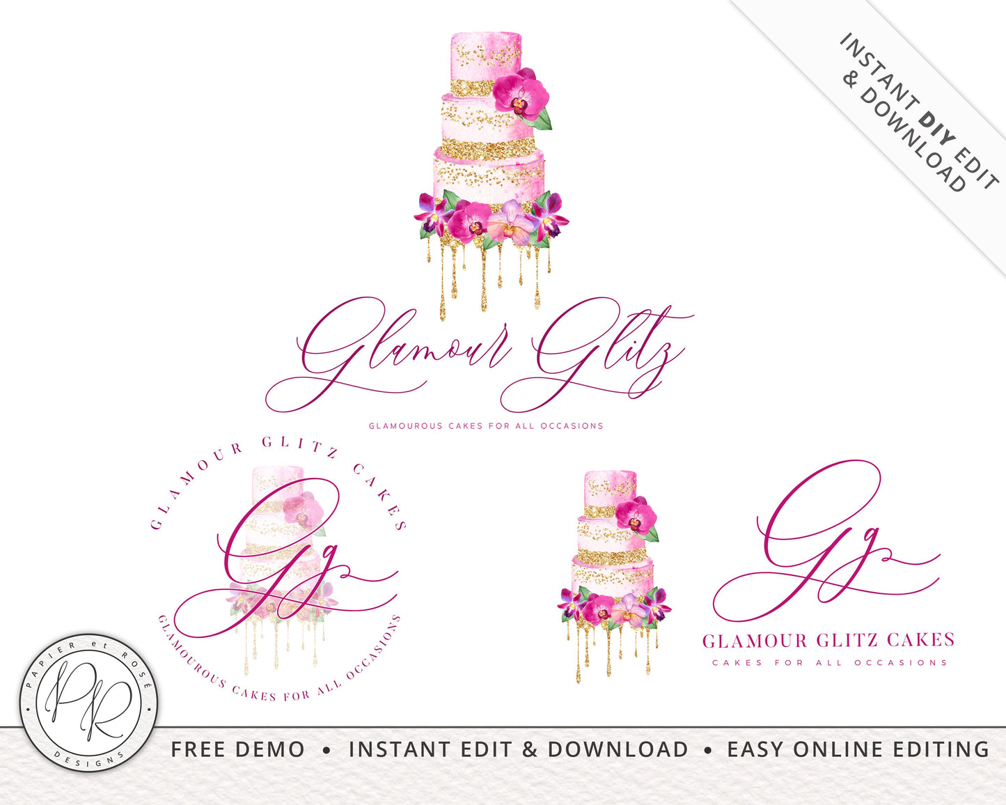 Editable Premade Logo Suite 3 x Cake Decorator Baker Watercolor Sparkle Branding Kit  | Instant Edit DIY Logo Editable Template GG-002