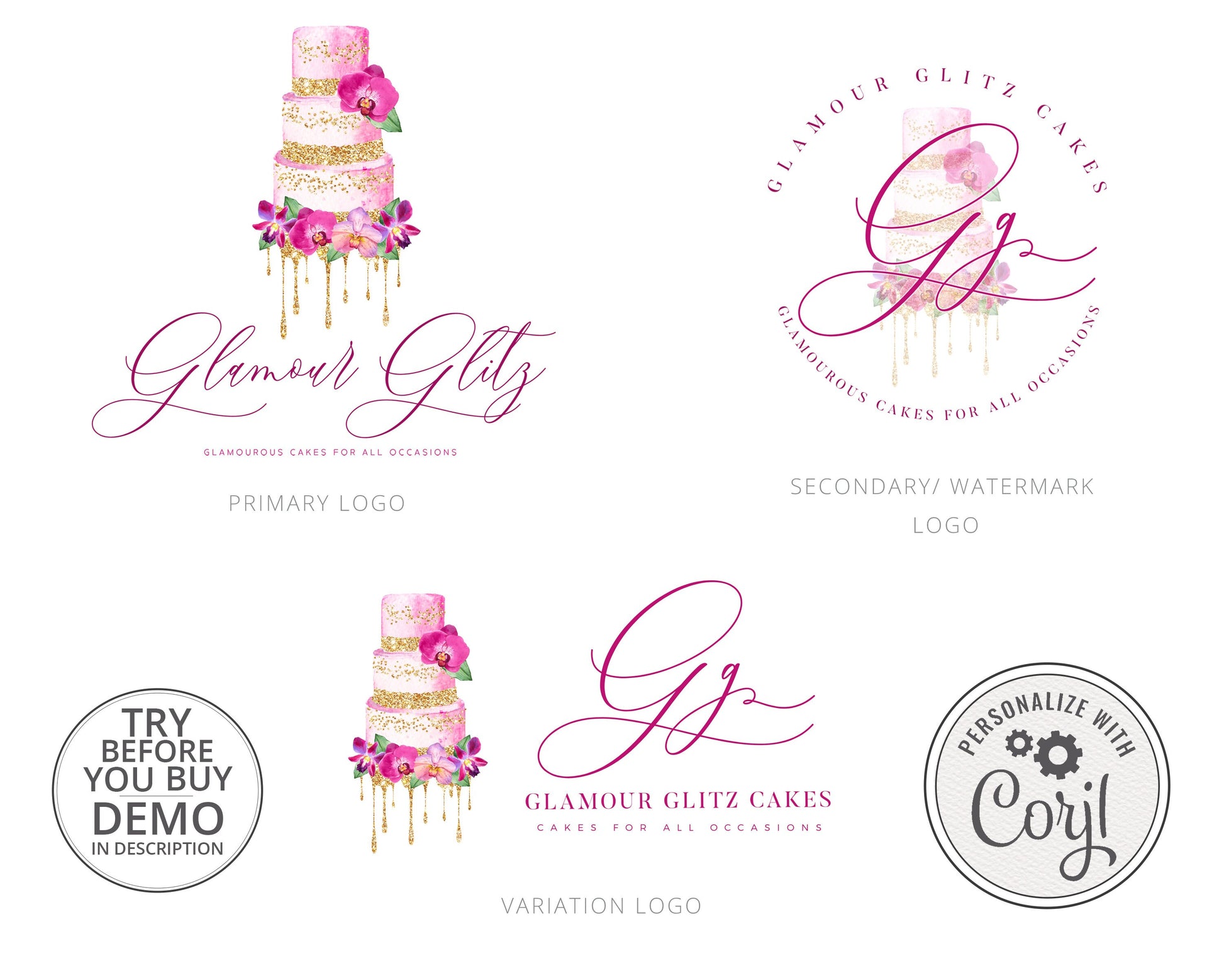 Editable Premade Logo Suite 3 x Cake Decorator Baker Watercolor Sparkle Branding Kit  | Instant Edit DIY Logo Editable Template GG-002