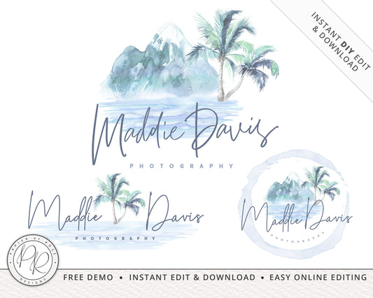 Premade 3 x Logo Suite Soft Watercolor Tropical Nature Logos Branding | Instant Edit Yourself Online | DIY Logo | Editable Template MD-001