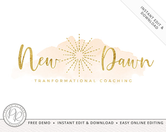 Editable Peach and Gold Watercolor Splash Sunburst Spa / Coaching Logo | Instant DIY Edit Online | Boutique logo | Editable Template ND-001