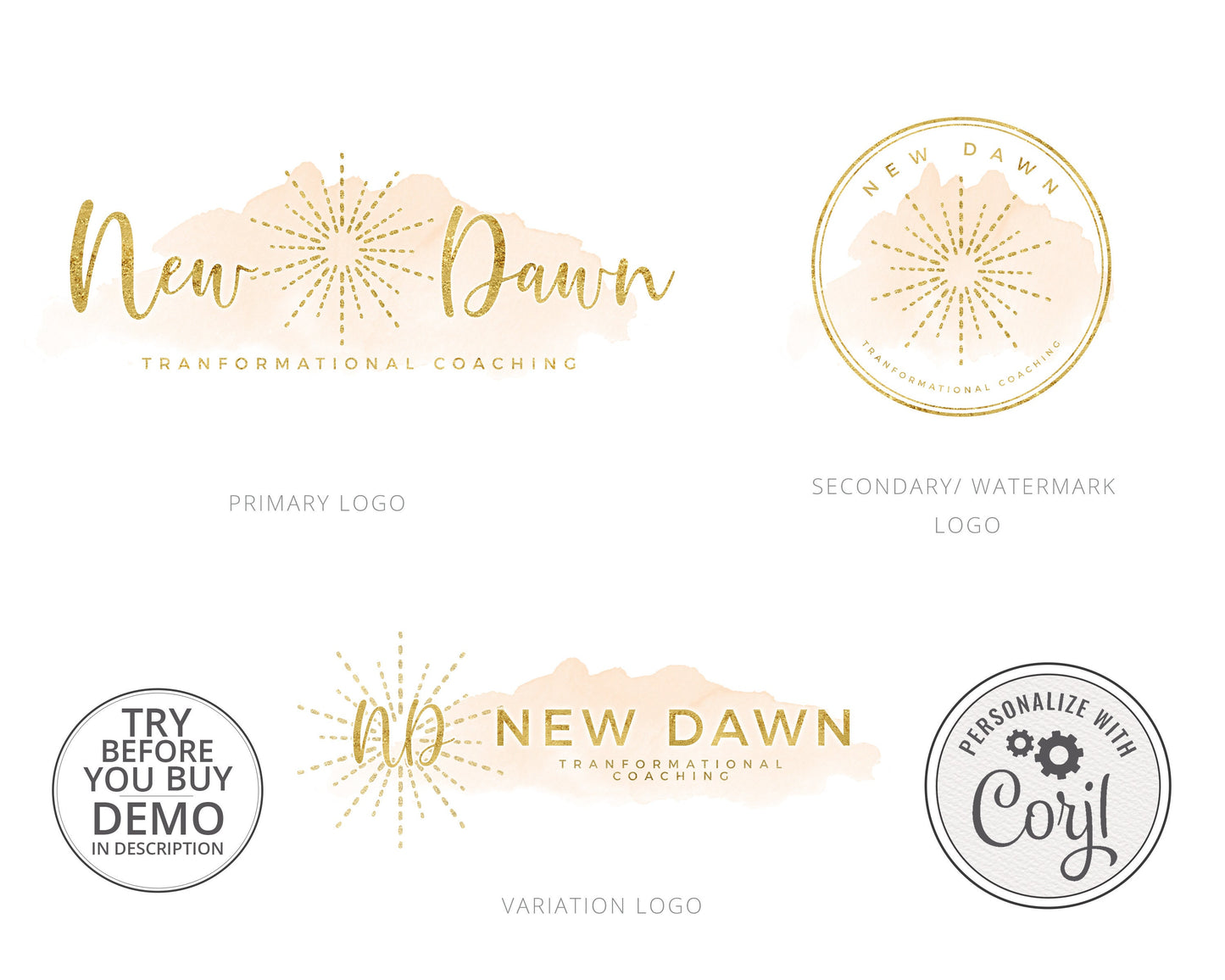 Editable Logo Suite 3 x Watercolor & Gold Foil Premade Logo | Instant Edit Yourself Online | Custom Boutique logo | Editable Template ND-001