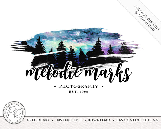 Editable Moody Watercolor Night Sky Logo Design Instant Download | DIY Editable Template |  Premade Logo | Foliage Logo - PR0243