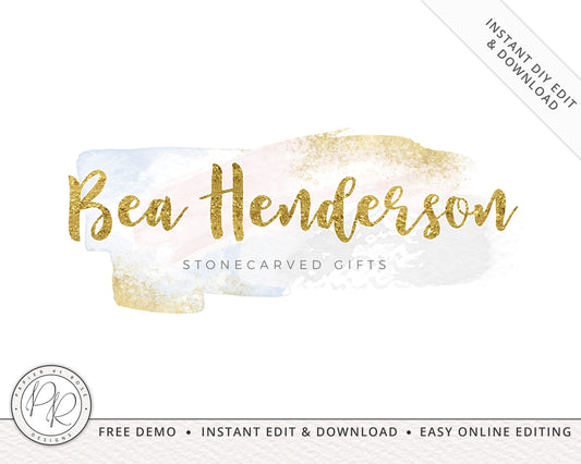 Editable Unique Watercolor Brushstroke & Gold Foil Feminine Logo Design Instant Download | Editable Logo Template |  Premade Logo - PR0349