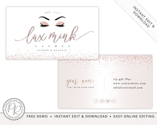 Rose Gold Glitter Lash Business Card Template Design Instant Download |  Premade Business Card | Glitter Lashes | Editable Template LM-001