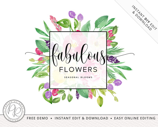 DIY Premade Bright Watercolor Flowers Logo Design Instant Download | DIY Easy Editable Template | Floral Logo Startup Business - PR0268