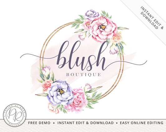 DIY Watercolor Floral Feminine Logo Design Instant Download | DIY Editable Logo Template |  Premade Logo - PR0171