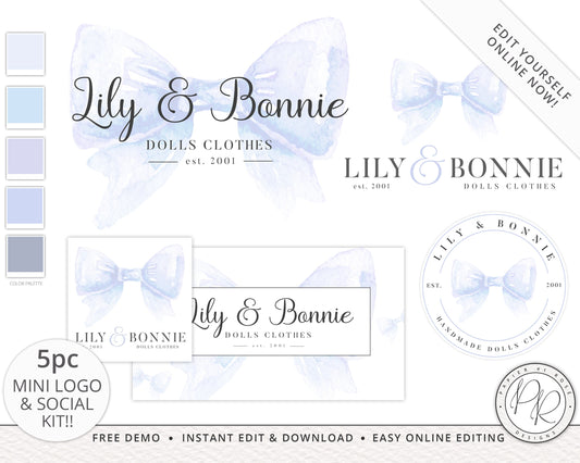 5pc Premade Mini Kit Logos Suite & Social Package Watercolor Bow Branding | Logo Template |  Instant Edit Yourself LB-002