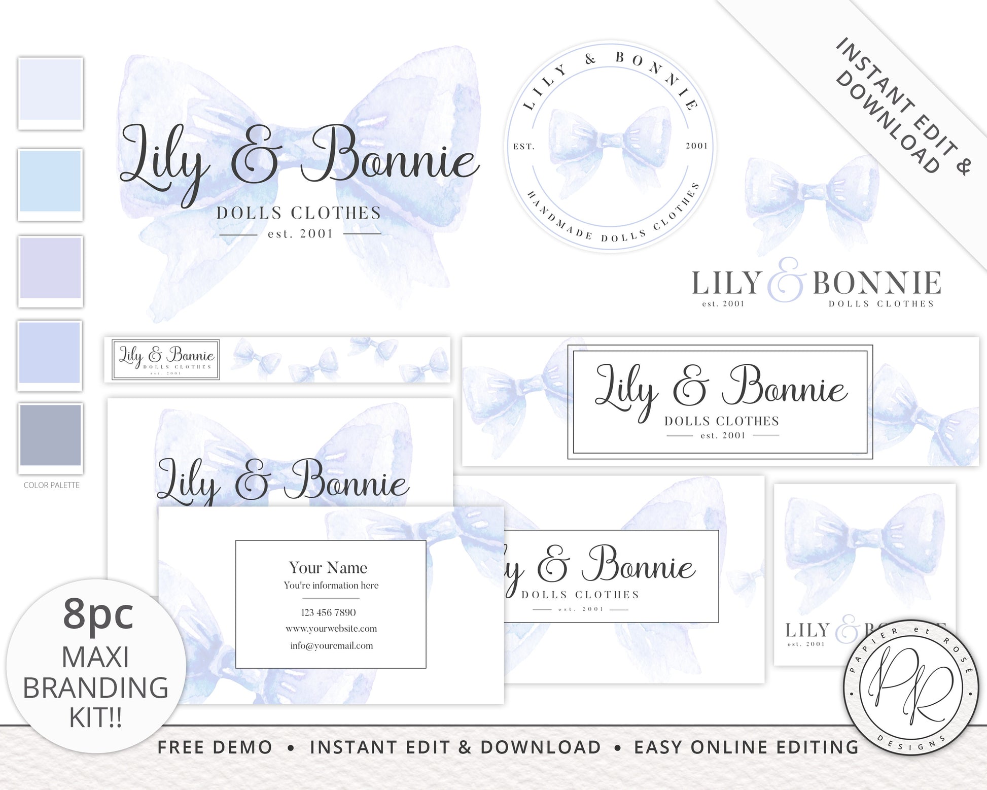 Editable 8pc Maxi Branding Kit Watercolor Bow Instant Download Boutique Logo Design  | DIY Editable Template | Premade Logo Package LB-002