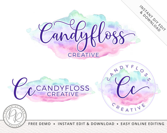 Editable Logo Suite Instant Download Candyfloss Pastel Watercolor  |  Edit Online |  Watercolor Brushstroke | Premade Business Logo CF-001