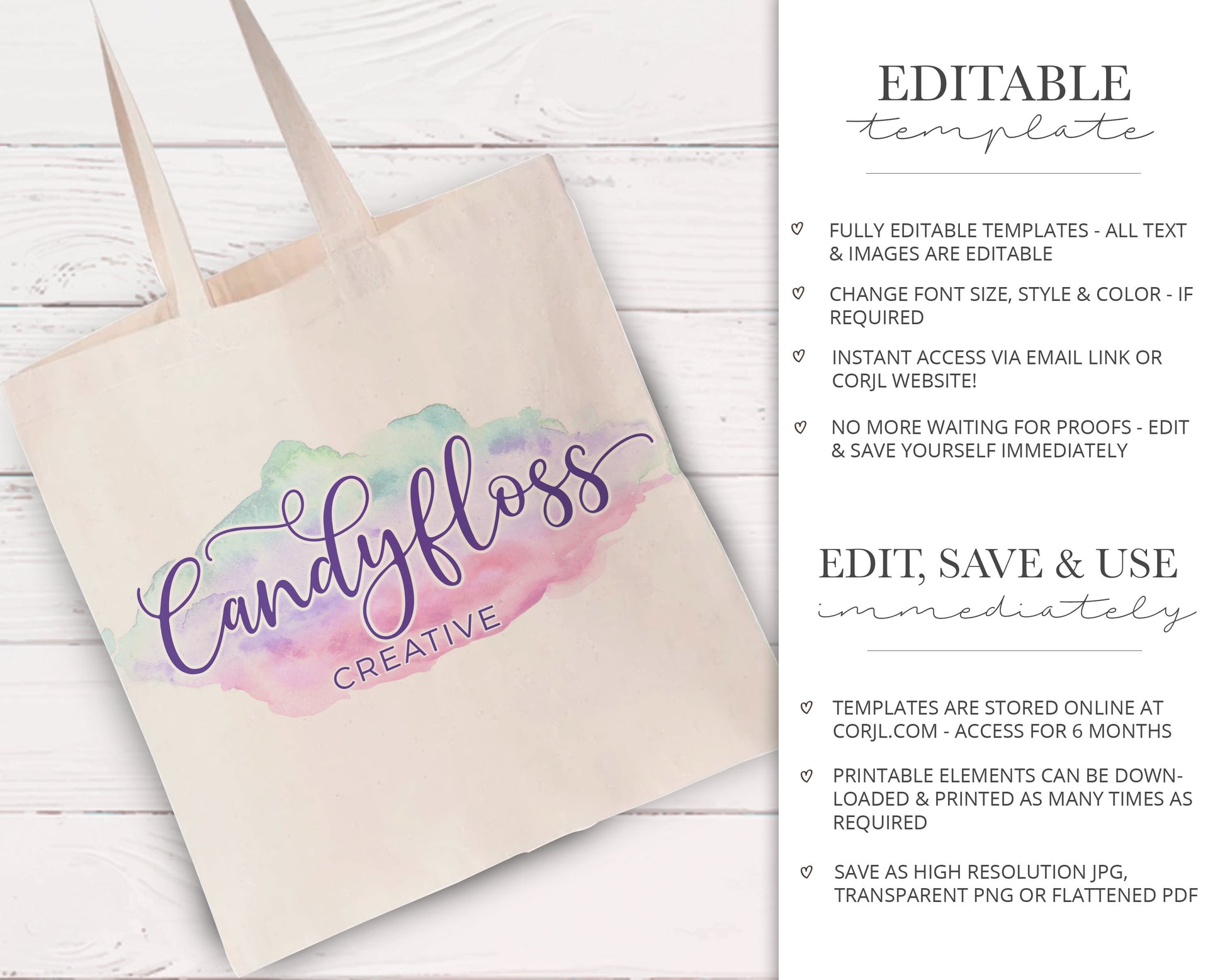 Editable Logo Suite Instant Download Candyfloss Pastel Watercolor  |  Edit Online |  Watercolor Brushstroke | Premade Business Logo CF-001