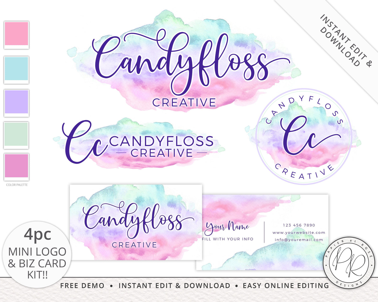 Editable 4pc Logo Suite & Business Card Instant Download Branding Kit Candyfloss Pastel Watercolor  |  Premade Logo | Edit Online  CF-001
