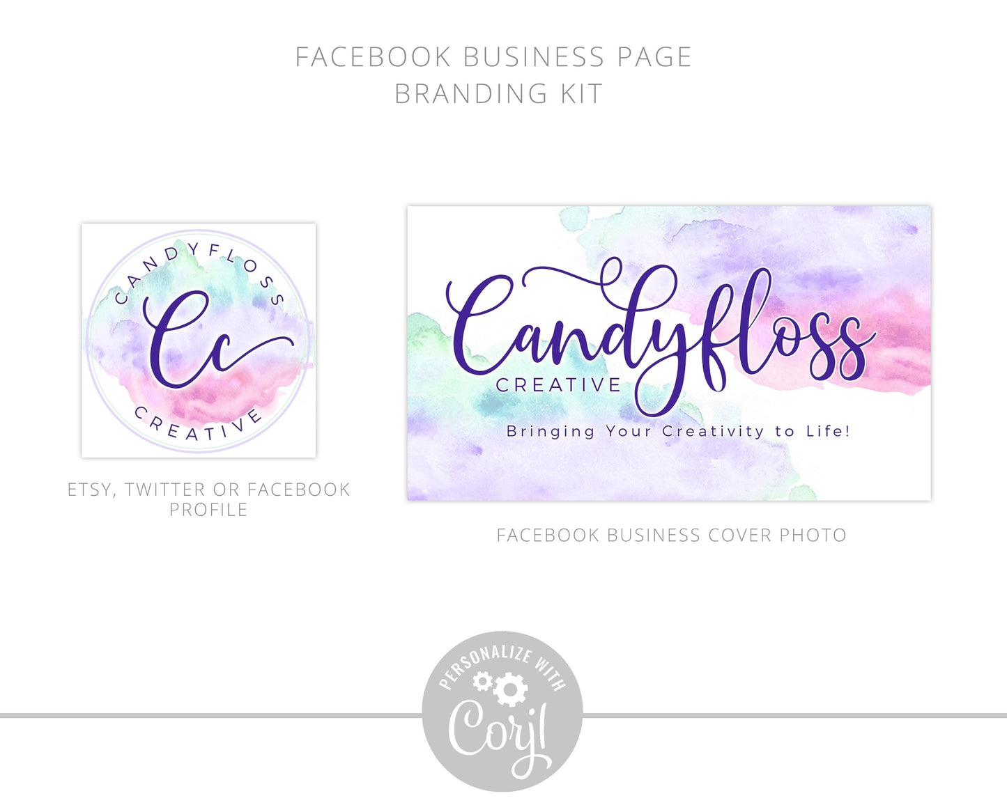 5pc Logo Suite & Social Instant Download Branding Kit Candyfloss Pastel Watercolor | Premade Business logo | Edit yourself Online! CF-001