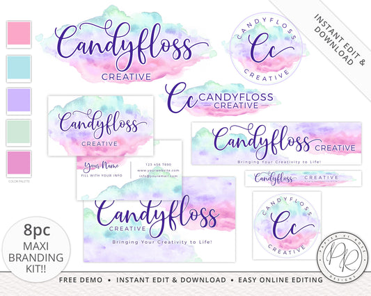8pc Maxi Branding Kit Instant Download Candyfloss Pastel Watercolor  |  Edit Yourself Online!  | Premade Business logo | Logo Design CF-001