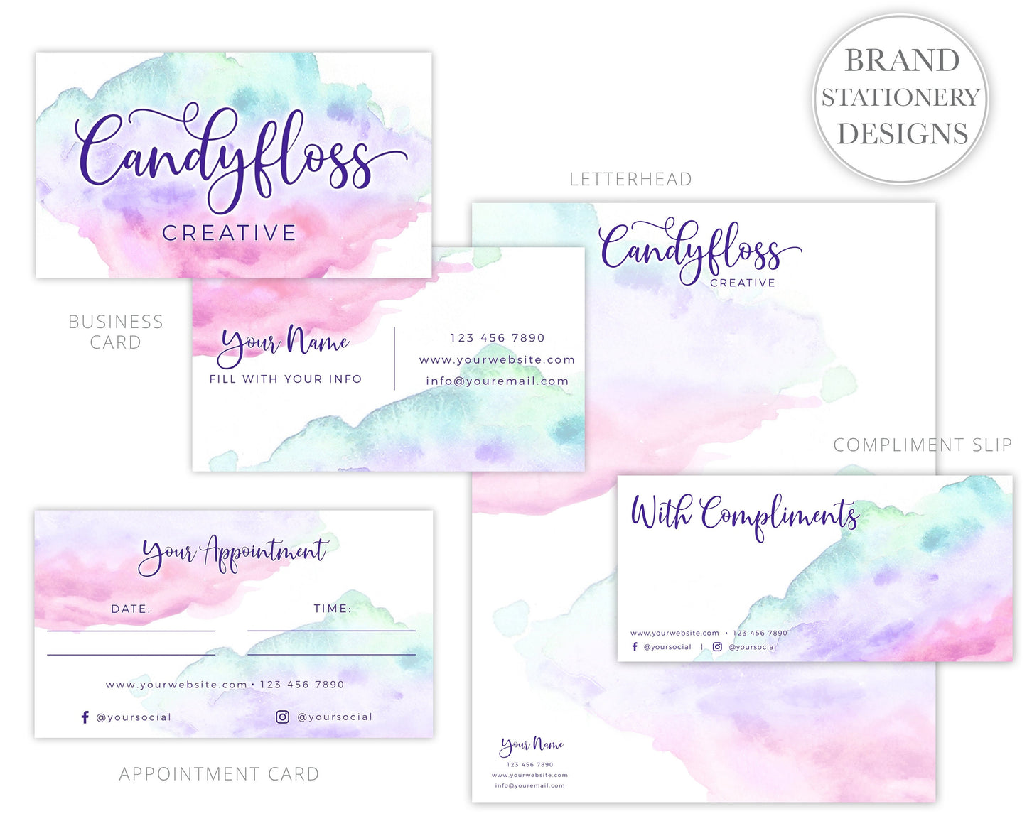 Full Business Branding Kit Instant Edit & Download Candyfloss Pastel Watercolor Logo  |  Edit Online!  | Premade Business logo CF-001