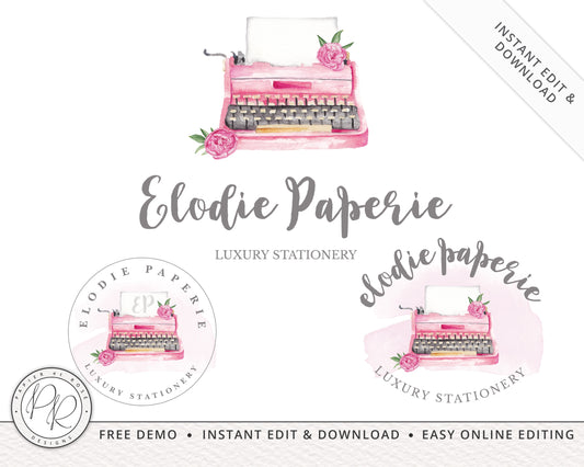 DIY 3 x Logo Suite Instant Edit & Download Cute Watercolor Typewriter Paperie Premade Logo  |  Edit Yourself Online  |  Business logo EP-001