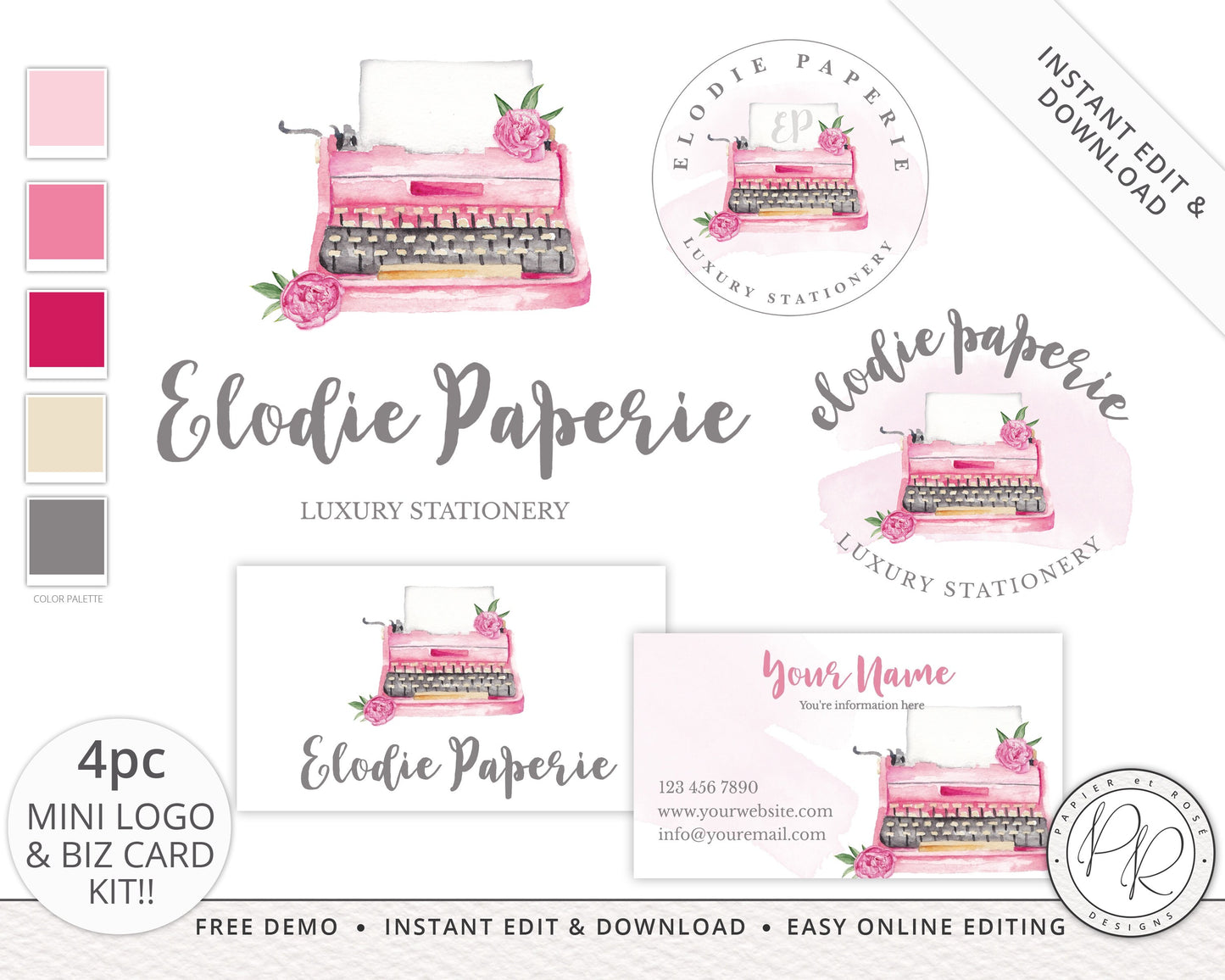 DIY 4pc Logos & Business Card Instant Download Watercolor Typewriter Paperie Branding Kit  |  Premade Logo | DIY Editable Template EP-001