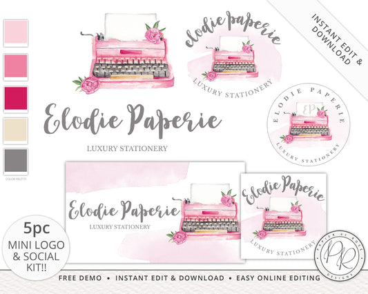 5pc Logo Suite & Social Branding Instant Edit and Download Watercolor Typewriter Branding Kit |  Premade Logo | DIY Editable Template EP-001