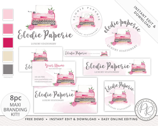 Editable 8pc Maxi Branding Kit Instant Download Watercolor Typewriter Paperie Design | DIY Editable Template | Premade Business logo EP-001
